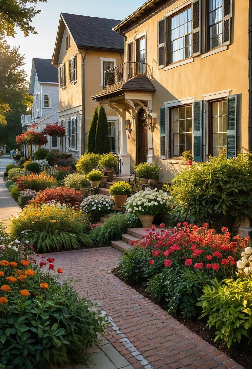 An enchanting street view featuring a charming, stylish neighborhood with elegant architecture, blooming gardens, and people enjoying a community event. Soft golden hour lighting enhances the warm, inviting atmosphere, while vibrant flowers and tasteful decor line the sidewalks. Include various individuals engaged in conversation, showcasing diversity and amiability. The scene conveys a sense of belonging and sophistication. painting. vibrant colors. warm tones.