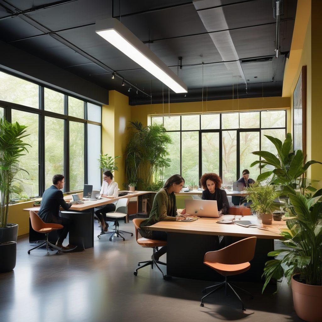 A vibrant, modern workspace filled with diverse individuals collaborating around a sleek table, showcasing stylish attire and innovative technology. Bright, inviting colors pop through large windows, creating a dynamic atmosphere. Elements of creativity such as art supplies and digital devices reflect the essence of collaboration. Add lush plants and stylish decor to enhance elegance. super-realistic. vibrant colors. modern aesthetic.