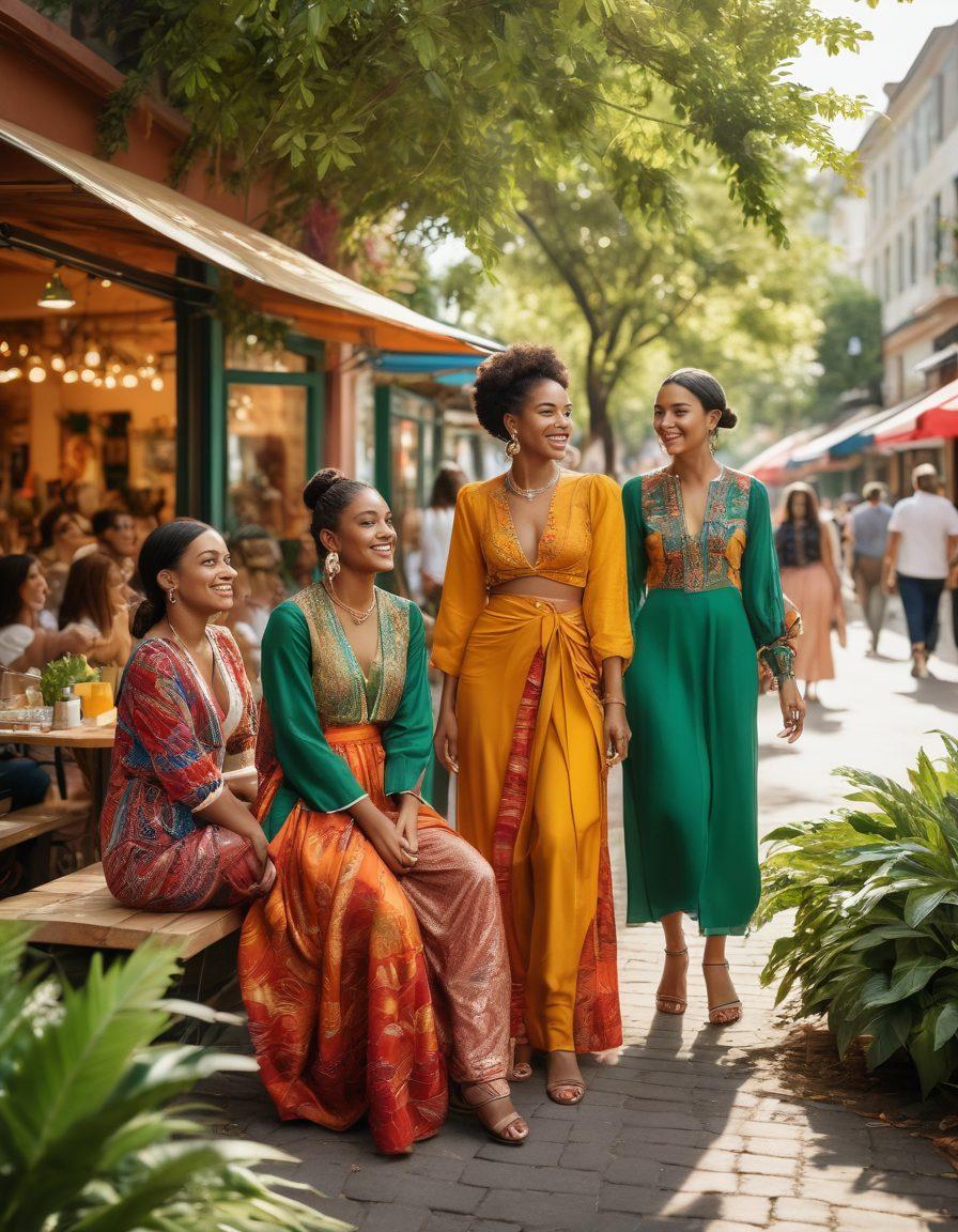 A stylish urban scene where a diverse group of individuals showcase elegant fashion trends, interacting in a vibrant community space filled with greenery. Include colorful boutiques in the background, and showcase a mix of modern and traditional attire, reflecting unity in diversity. Capture a sense of joy and connection among the people, with soft sunlight filtering through the leaves. super-realistic. vibrant colors.
